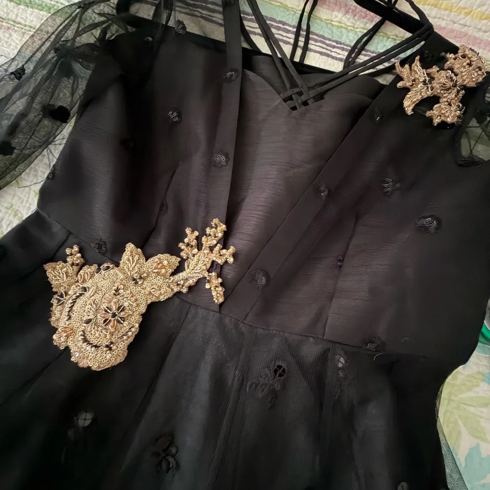 Pakistani Designer Black Dress Gown with Gold Accents - Picture 4 of 16